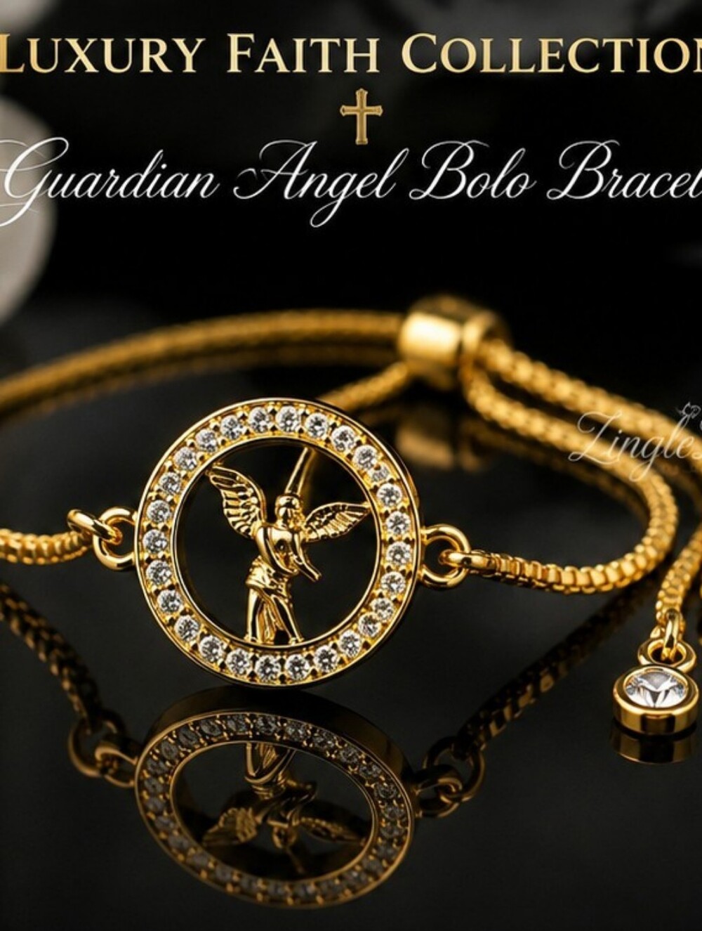 NOS 18K Gold Stainless Guardian Angel CZ Bolo Bracelet Adjustable